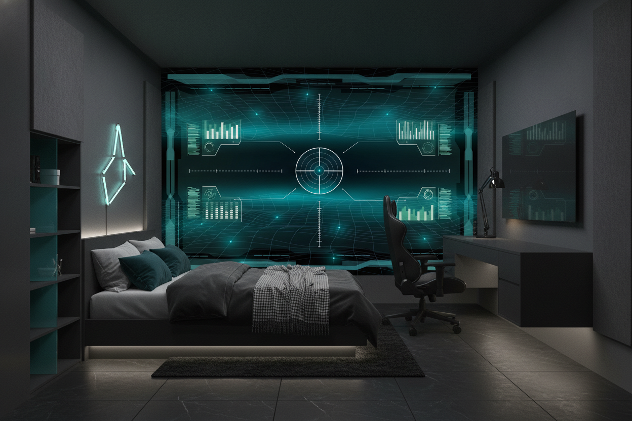 Papier peint interface technologique futuriste avec écrans holographiques turquoise - Chambre ado