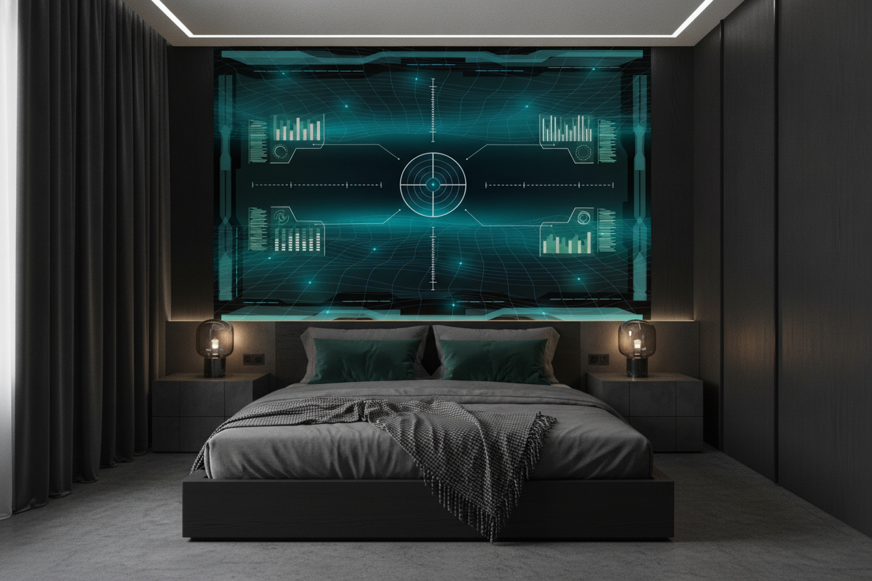 Papier peint interface technologique futuriste avec écrans holographiques turquoise - Chambre adulte