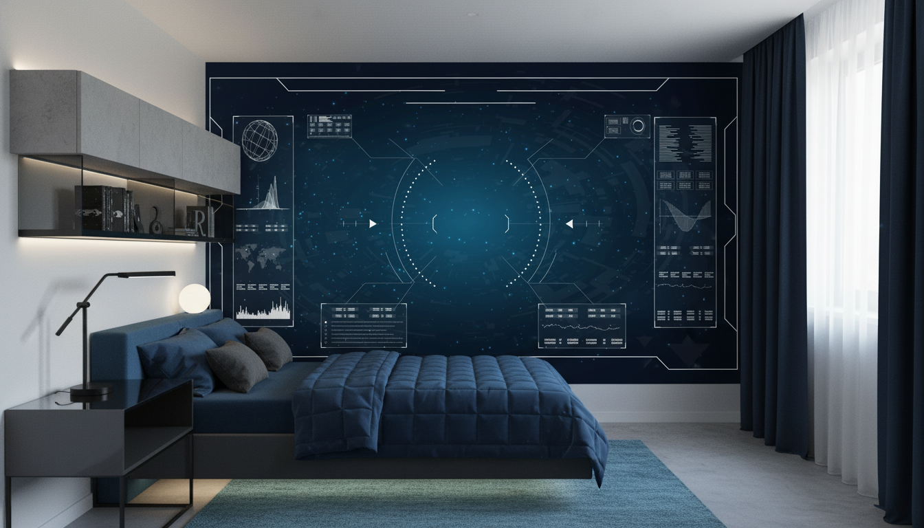 Papier peint interface technologique futuriste données spatiales bleu - Chambre ado