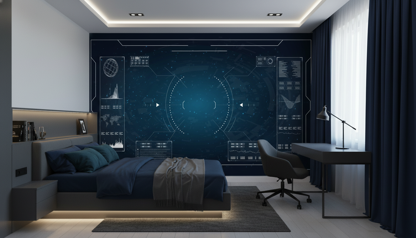 Papier Peint Interface Technologique Futuriste Étoiles Bleues - Chambre ado