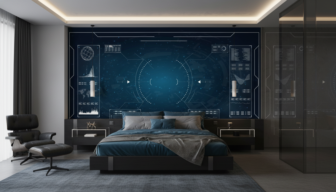 Papier Peint Interface Technologique Futuriste Étoiles Bleues - Chambre adulte