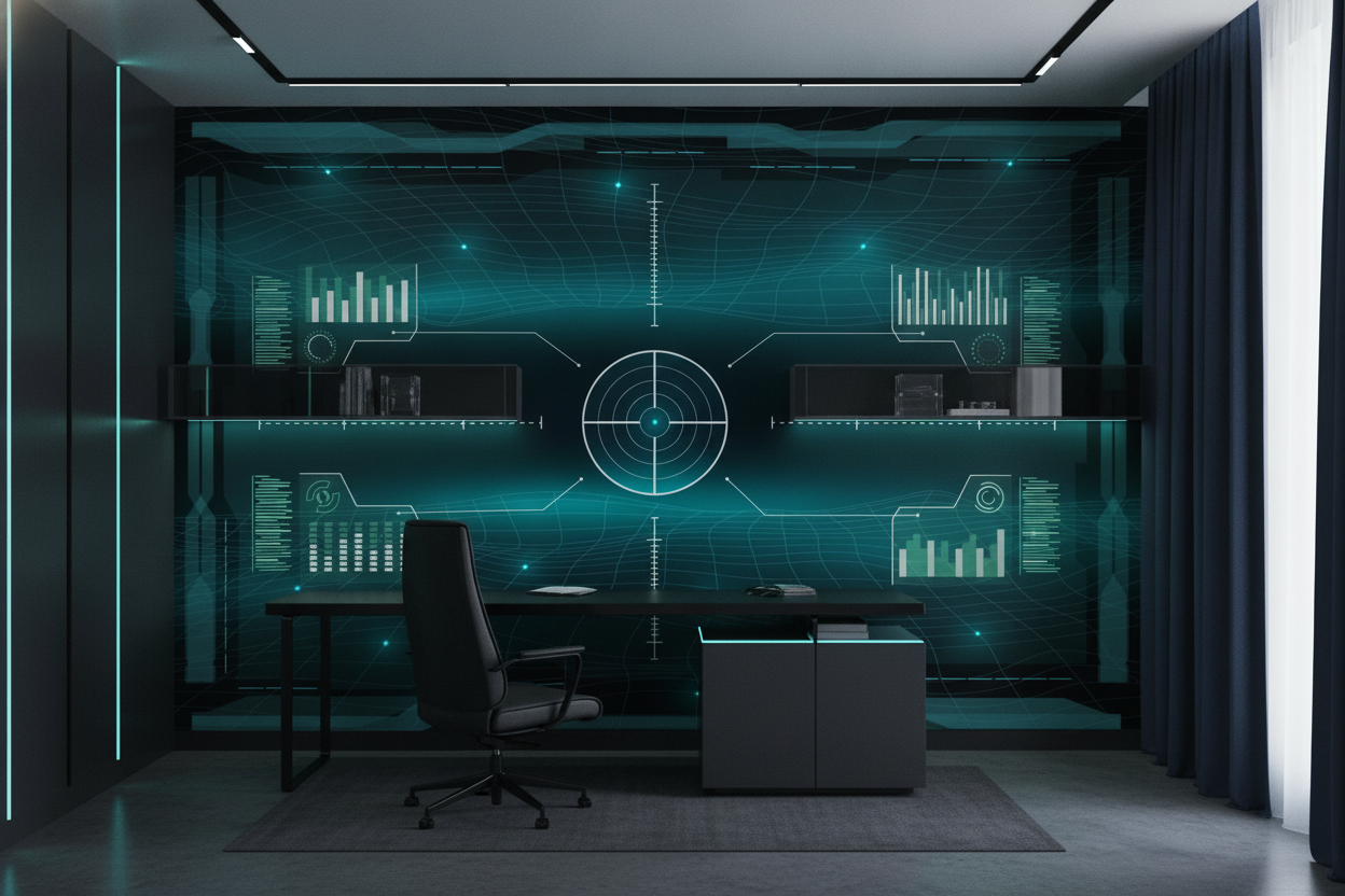 Papier Peint Interface Technologique Futuriste Hologramme Bleu Cyan - Bureau