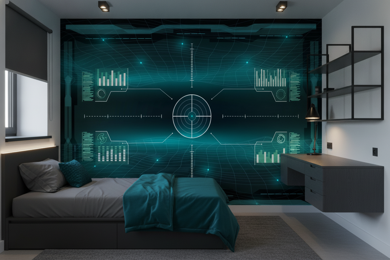 Papier Peint Interface Technologique Futuriste Hologramme Bleu Cyan - Chambre ado