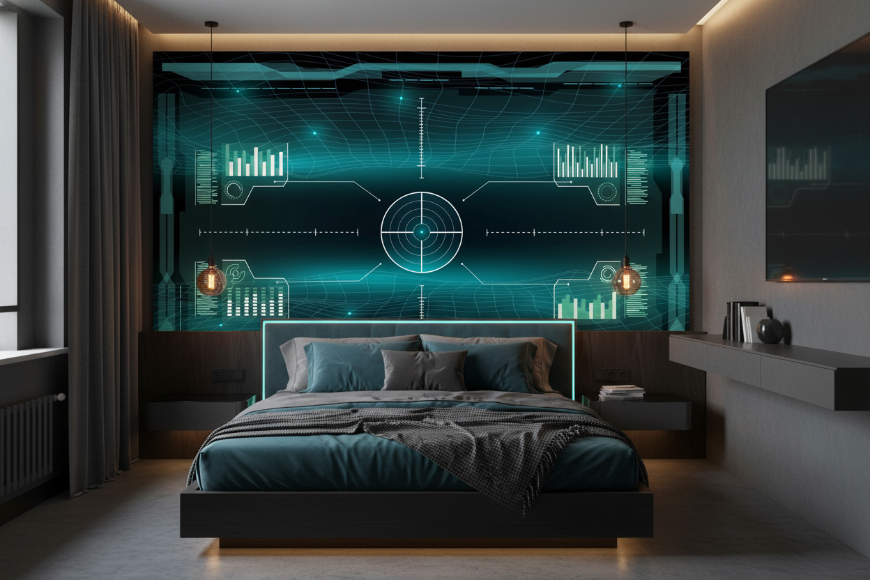 Papier Peint Interface Technologique Futuriste Hologramme Bleu Cyan - Chambre adulte