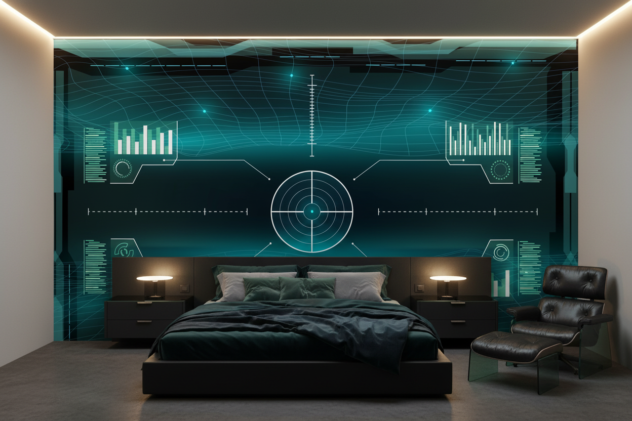 Papier Peint Interface Technologique Futuriste Radar Digital - Chambre adulte