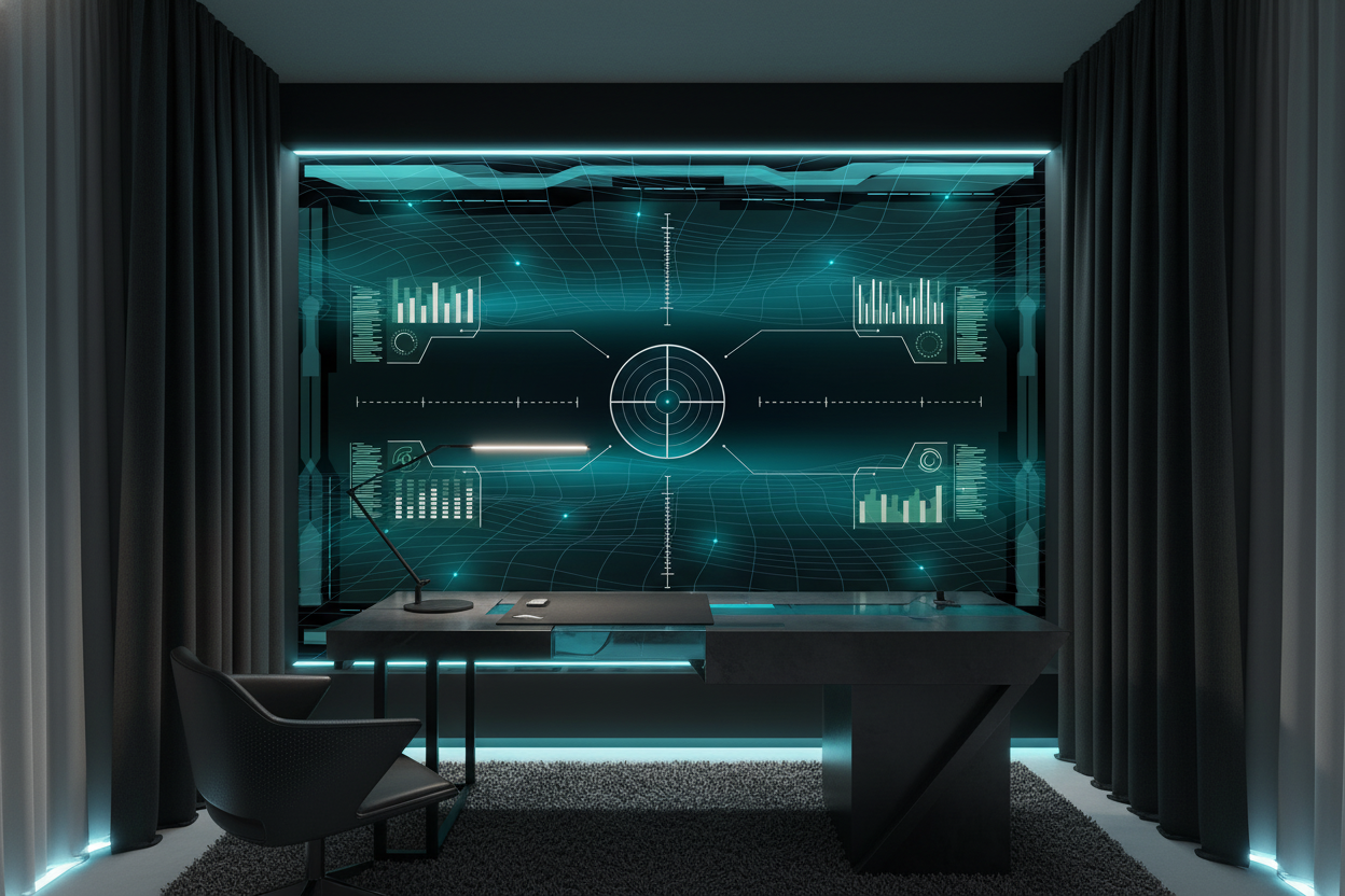 Papier Peint Interface Technologique Futuriste Radar Holographique Bleu Cyan - Bureau