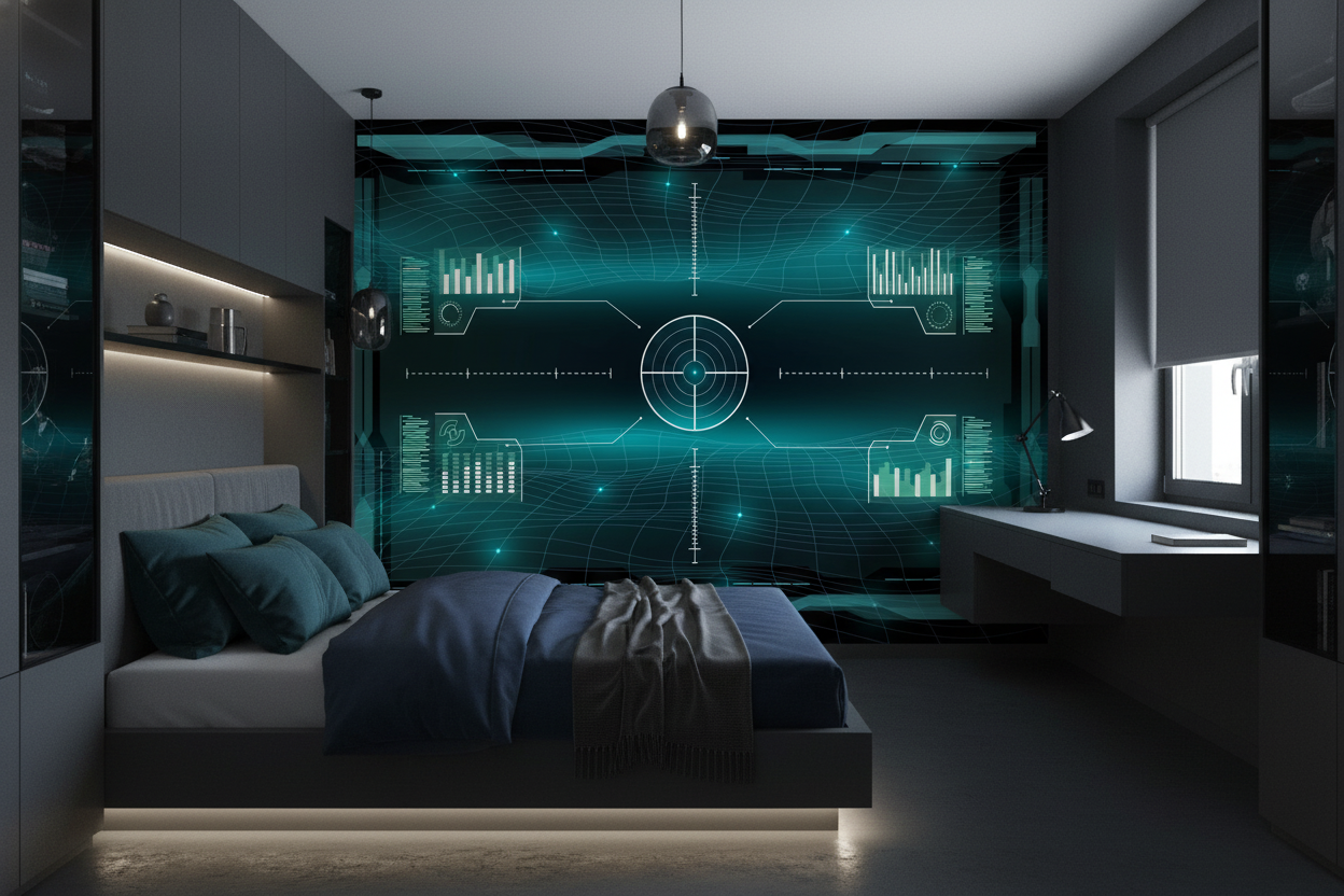 Papier Peint Interface Technologique Futuriste Radar Holographique Bleu Cyan - Chambre ado