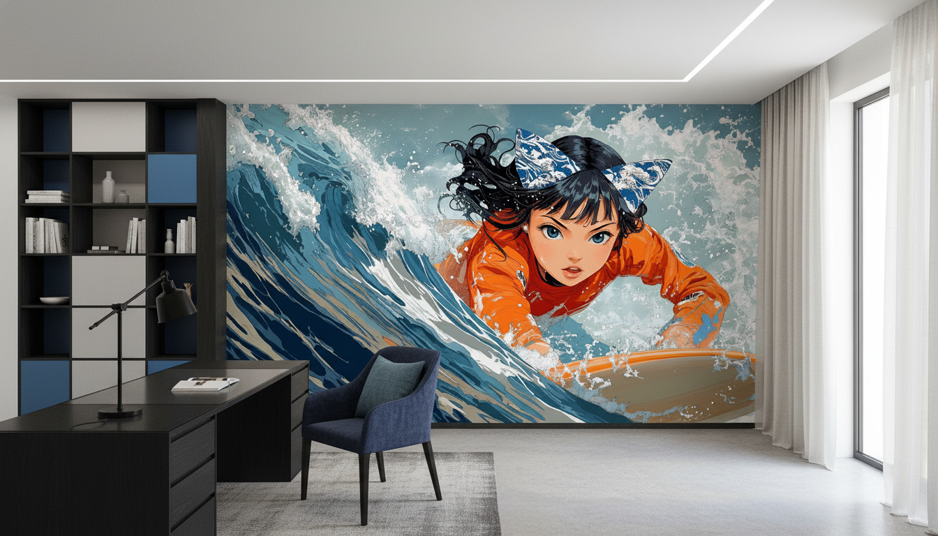 Papier peint Jeune Surfeuse dans la Vague Bleue Style Manga - Bureau