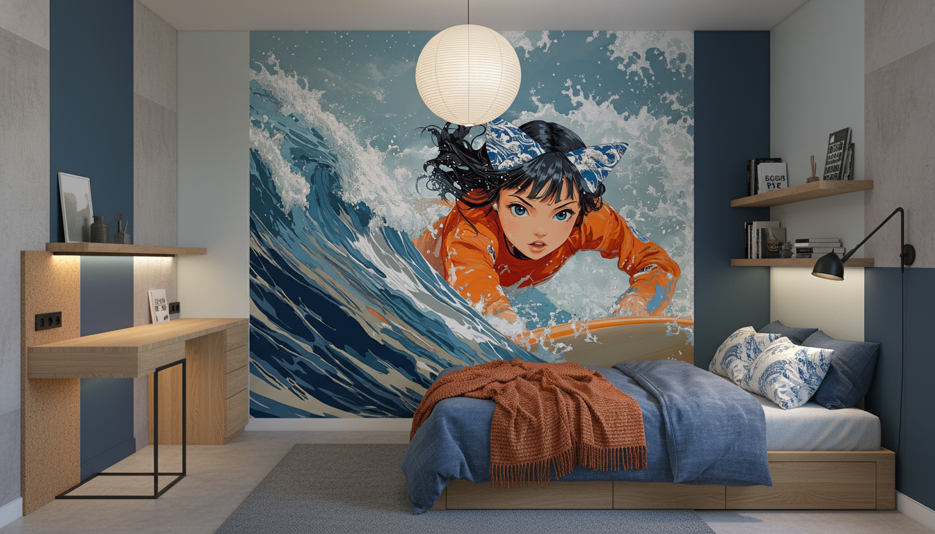 Papier peint Jeune Surfeuse dans la Vague Bleue Style Manga - Chambre ado