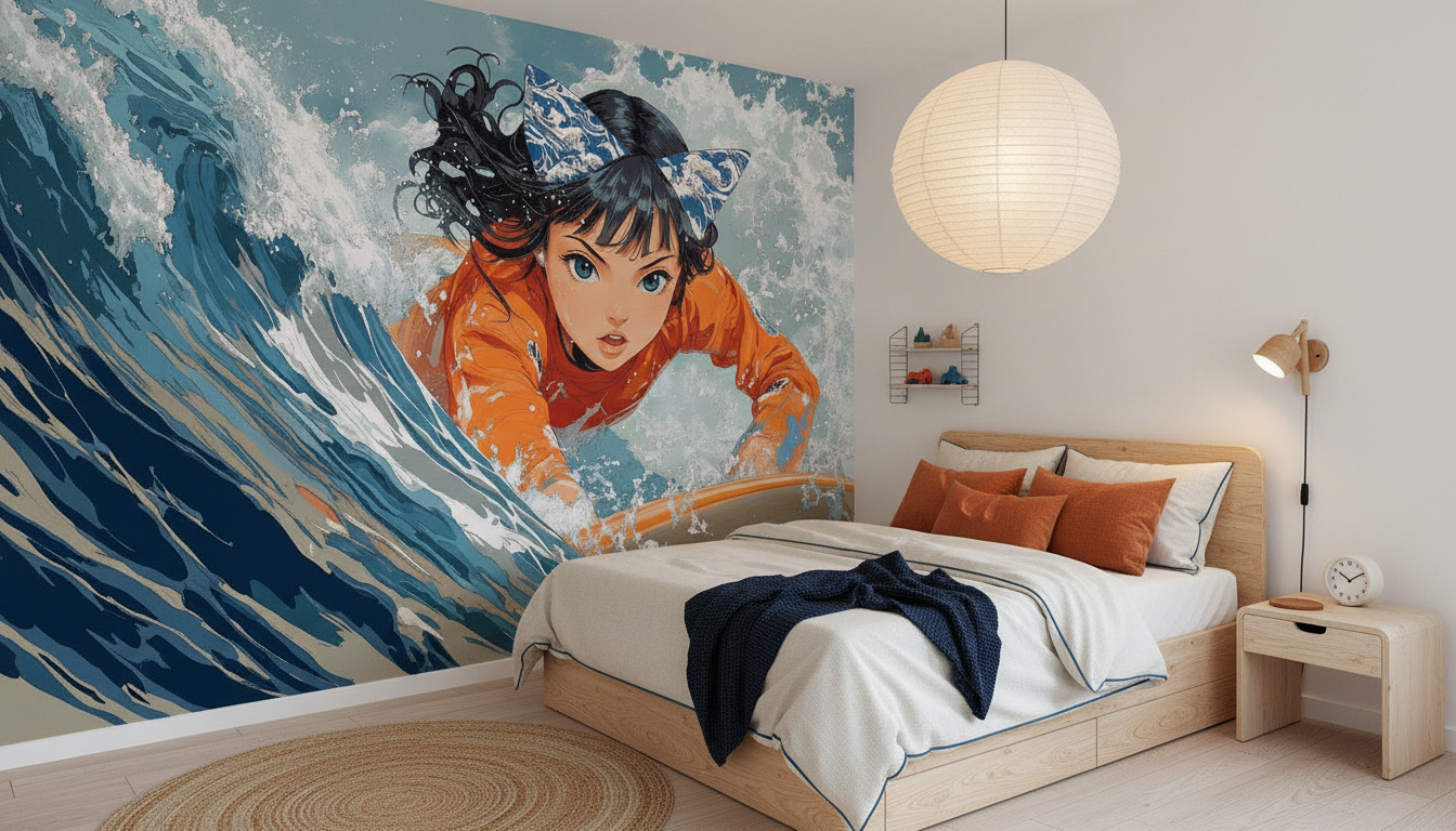 Papier peint Jeune Surfeuse dans la Vague Bleue Style Manga - Chambre enfant