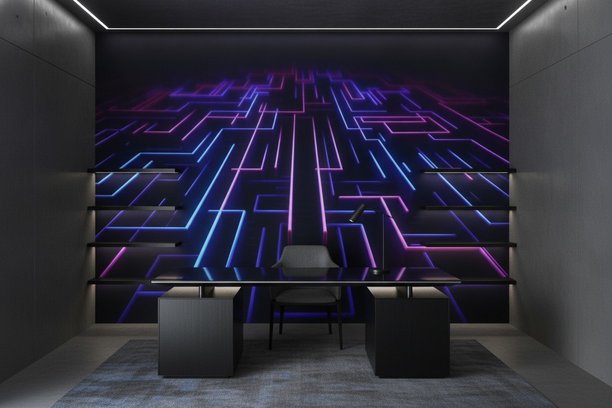 Papier Peint Labyrinthe Néon Bleu Violet Futuriste Géométrique — Bureau