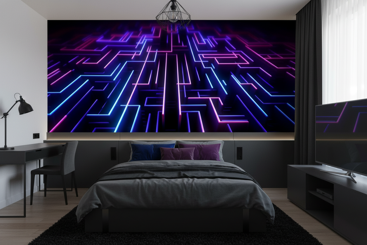 Papier peint labyrinthe néon lumineux futuriste bleu violet - Chambre ado