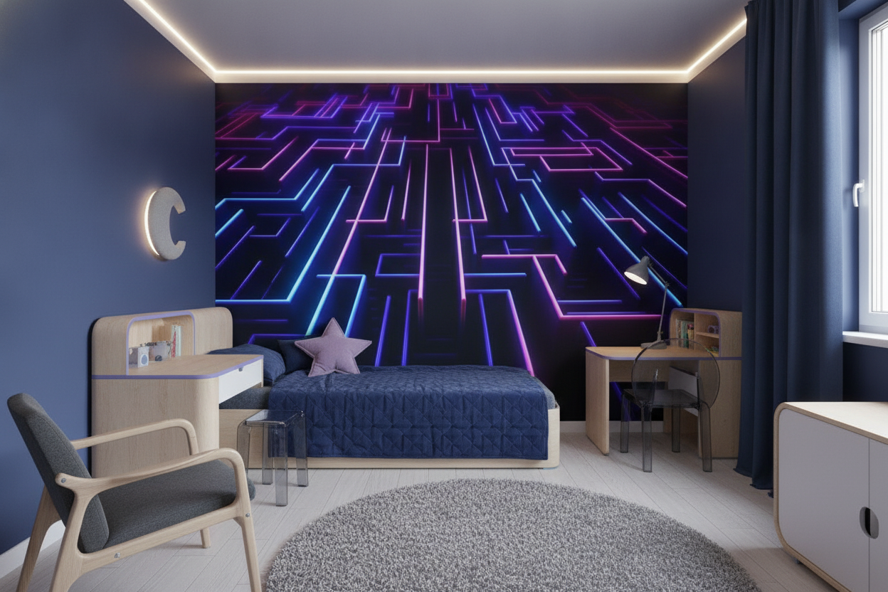 Papier peint labyrinthe néon lumineux futuriste bleu violet - Chambre enfant