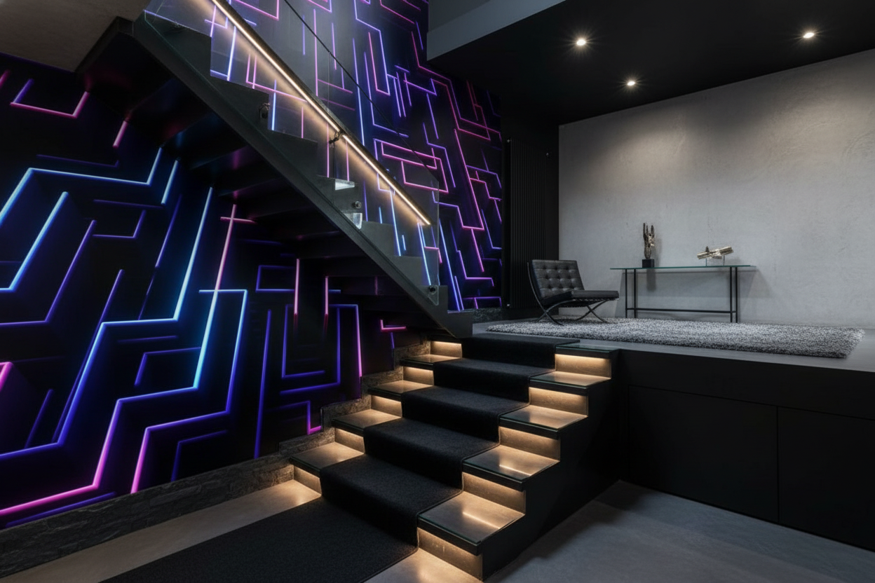 Papier peint labyrinthe néon lumineux futuriste bleu violet - Escalier