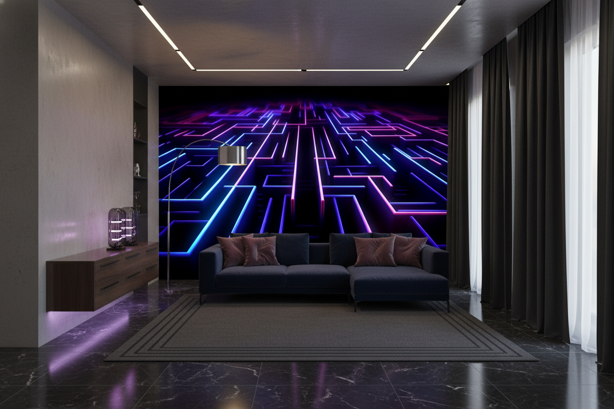Papier peint labyrinthe néon lumineux futuriste bleu violet - Salon / Séjour