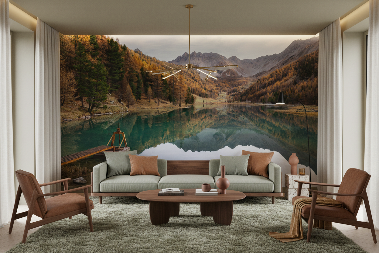 Papier peint lac de montagne automnal avec reflets parfaits - Salon / Séjour