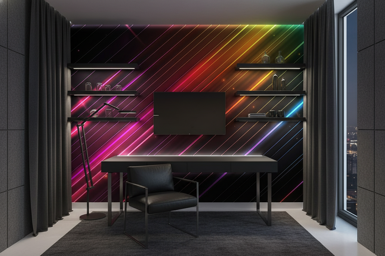 Papier Peint Rayures Néon Diagonales Multicolores sur Fond Sombre — Bureau