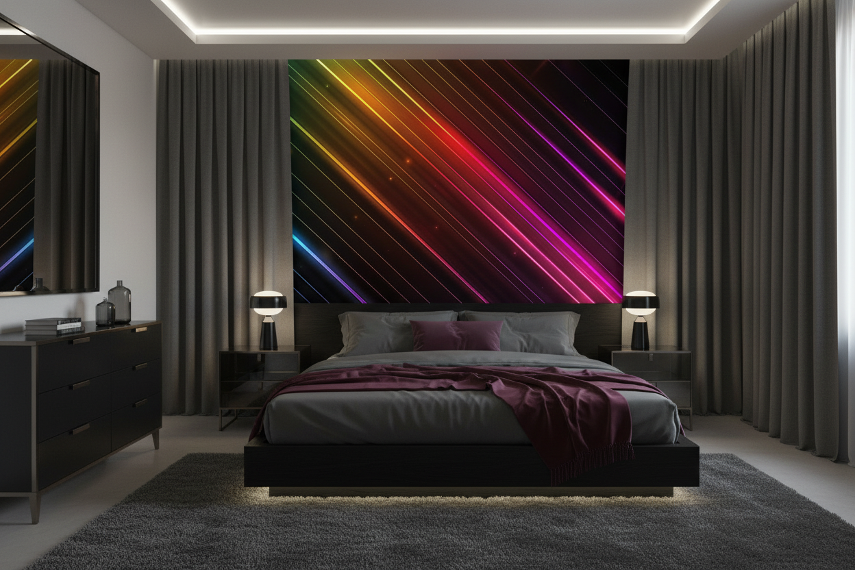 Papier Peint Lignes Diagonales Néon Multicolores Effet Lumineux Moderne - Chambre adulte