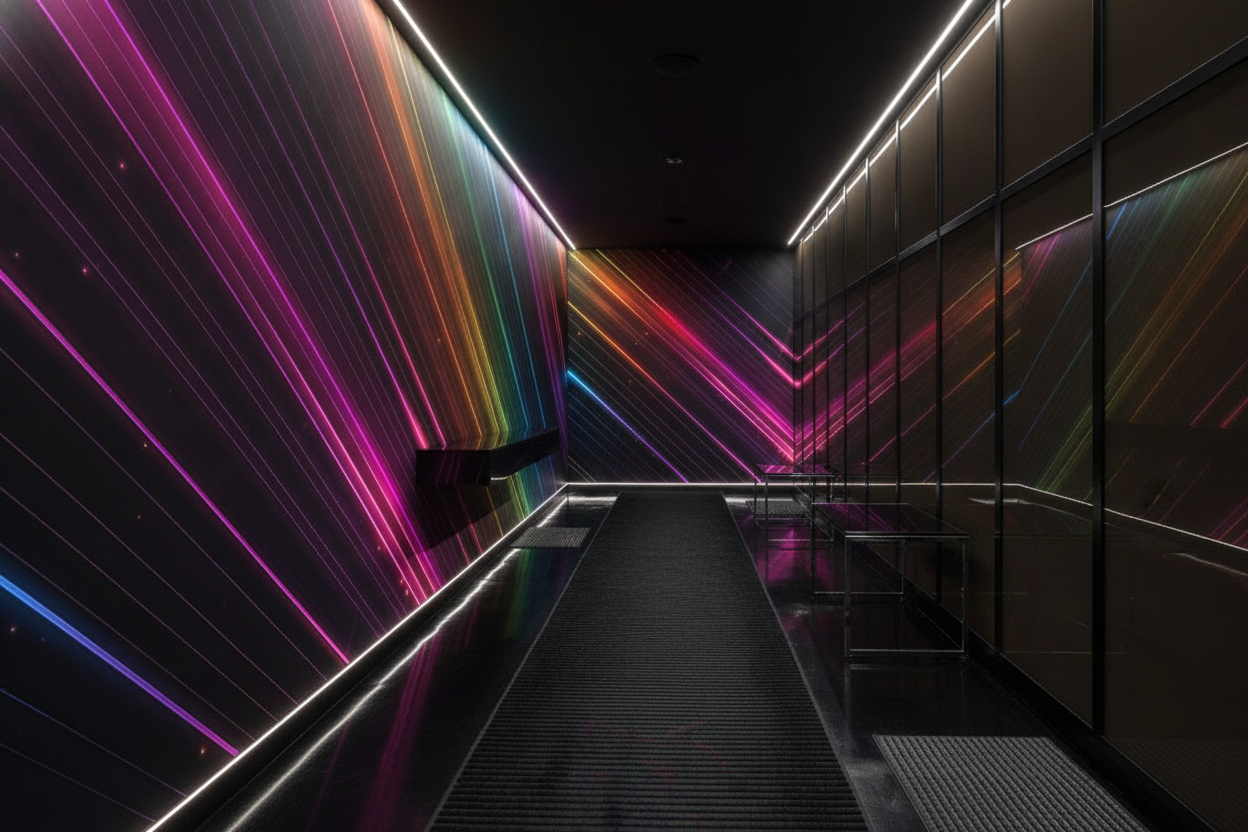 Papier Peint Lignes Diagonales Néon Multicolores Effet Lumineux Moderne - Couloir
