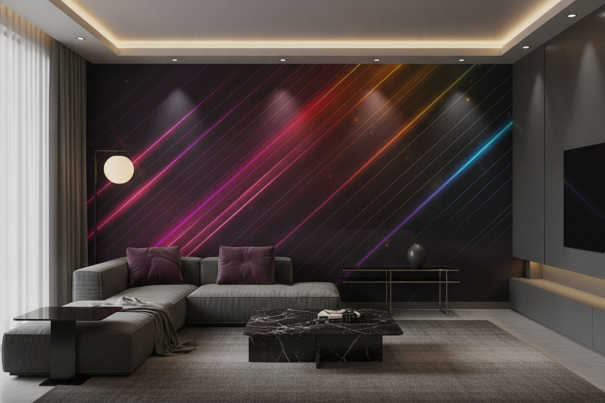 Papier Peint Lignes Diagonales Néon Multicolores Effet Lumineux Moderne - Salon / Séjour