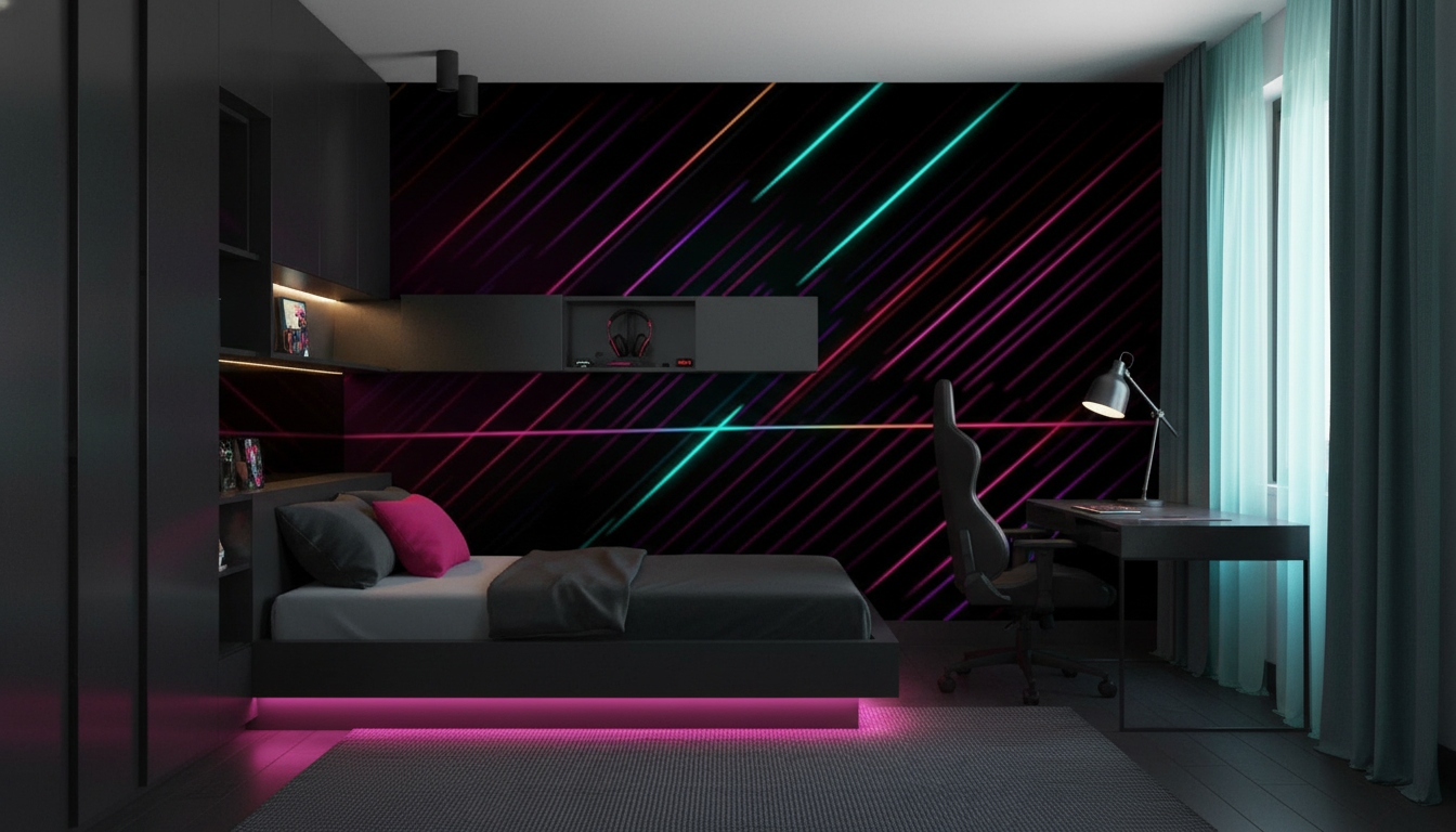 Papier Peint Lignes Diagonales Néon sur Fond Noir - Chambre ado