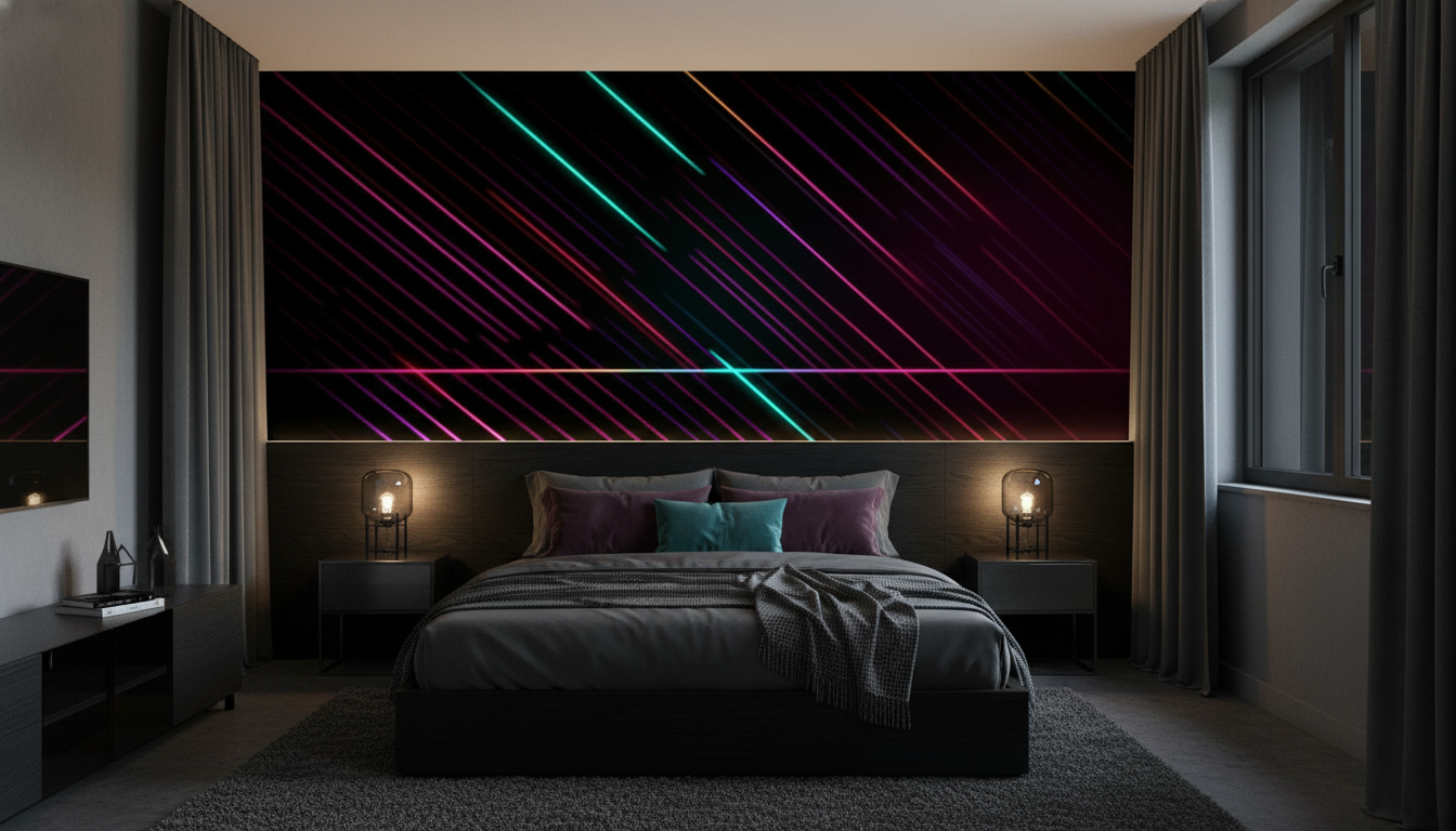 Papier Peint Lignes Diagonales Néon sur Fond Noir - Chambre adulte