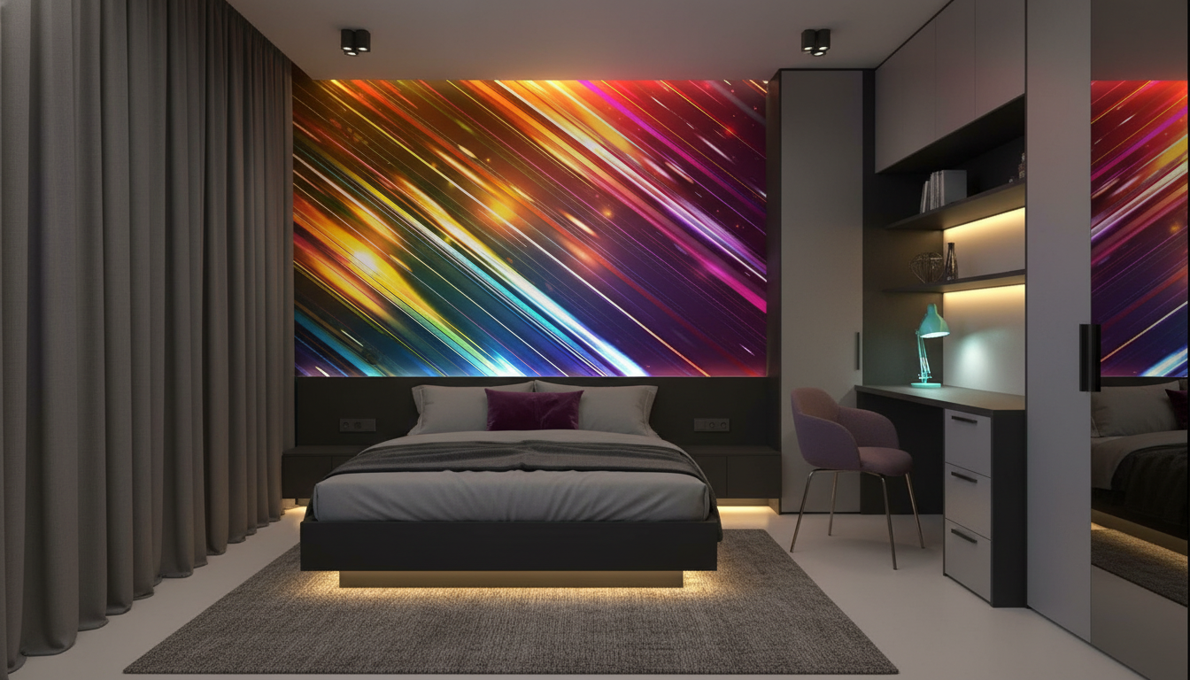 Papier Peint Lignes Lumineuses Multicolores Effet Dynamique Futuriste - Chambre ado