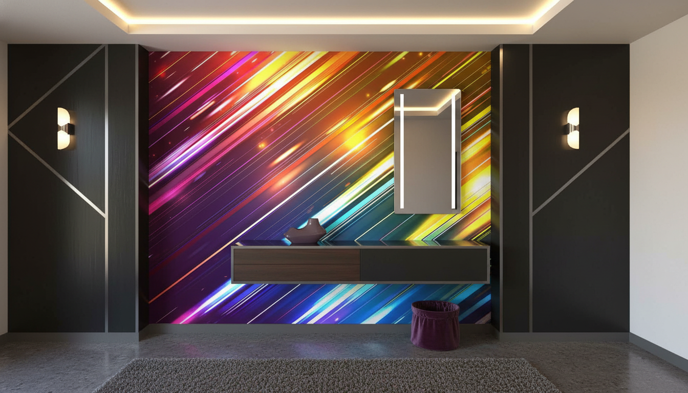 Papier Peint Lignes Lumineuses Multicolores Effet Dynamique Futuriste - Entrée