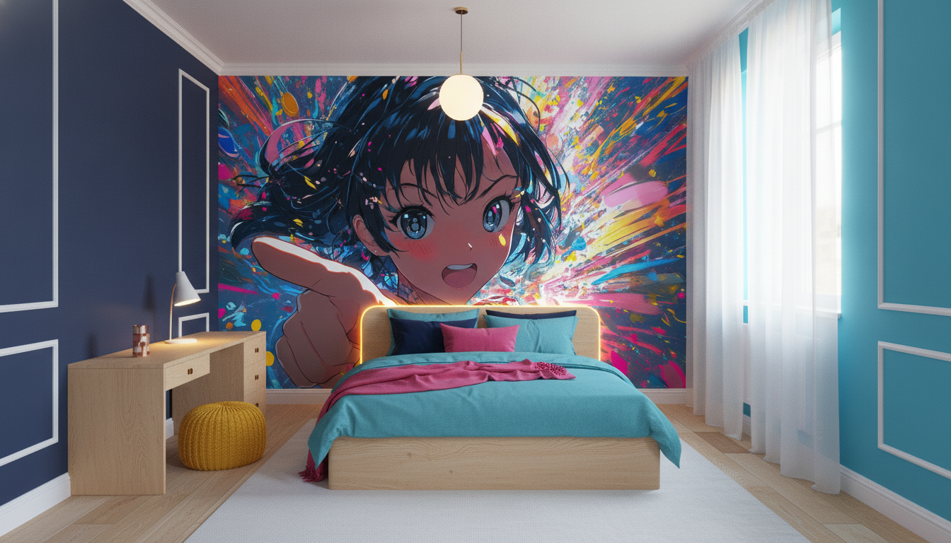 Papier peint manga explosion colorée jeune fille anime dynamique - Chambre enfant