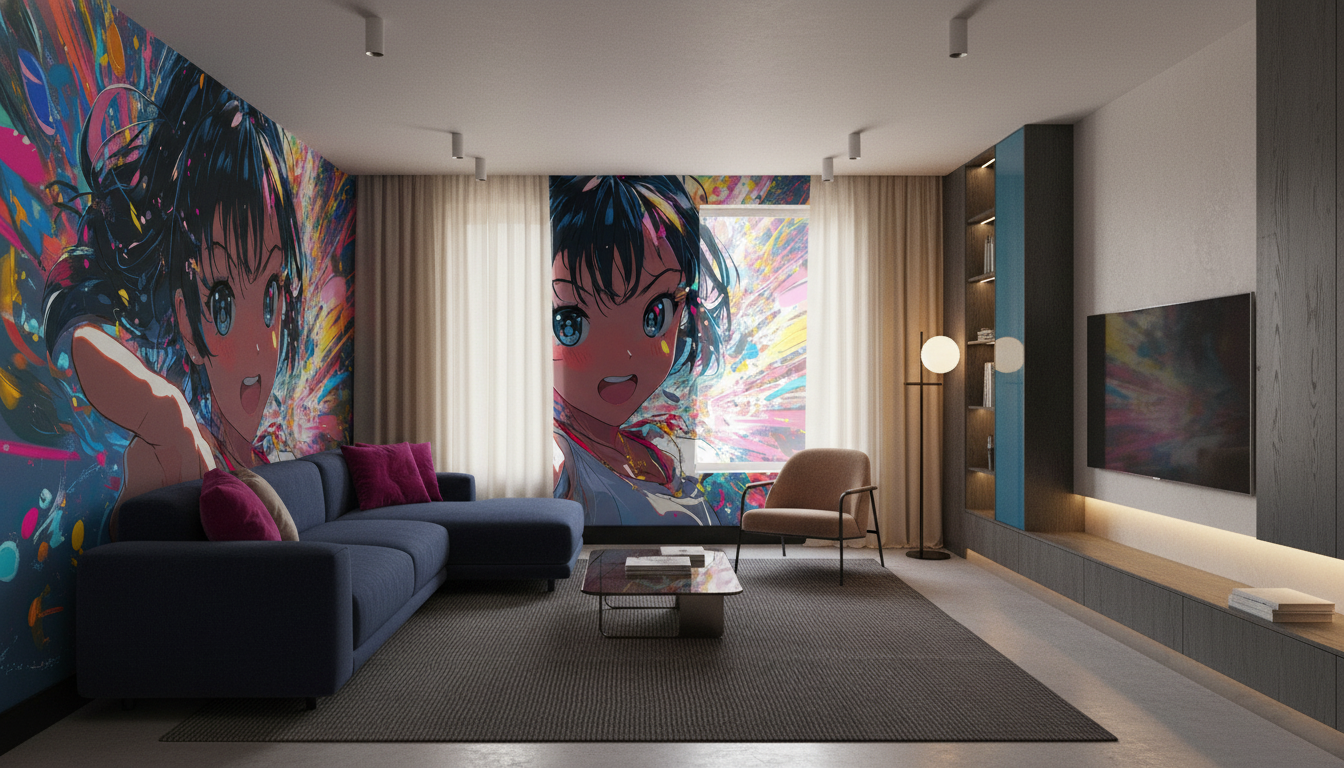 Papier peint manga explosion colorée jeune fille anime dynamique - Salon / Séjour