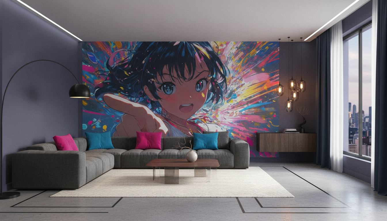 Papier peint manga explosion colorée jeune fille anime dynamique - Salon / Séjour