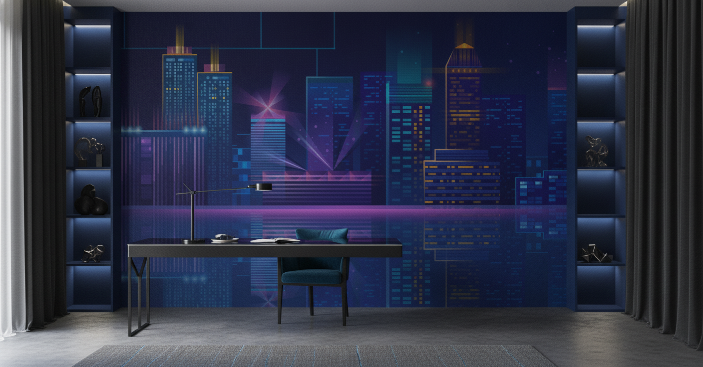 Papier peint métropole nocturne cyberpunk avec reflets néon - Bureau