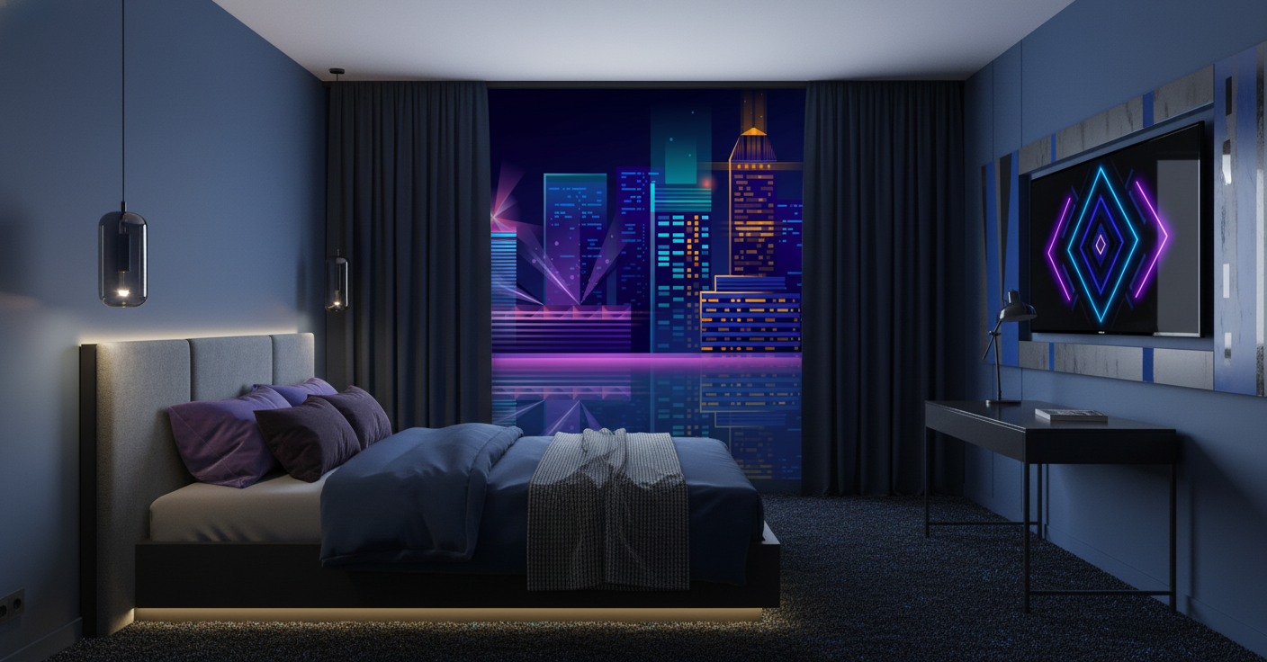 Papier peint métropole nocturne cyberpunk avec reflets néon - Chambre ado