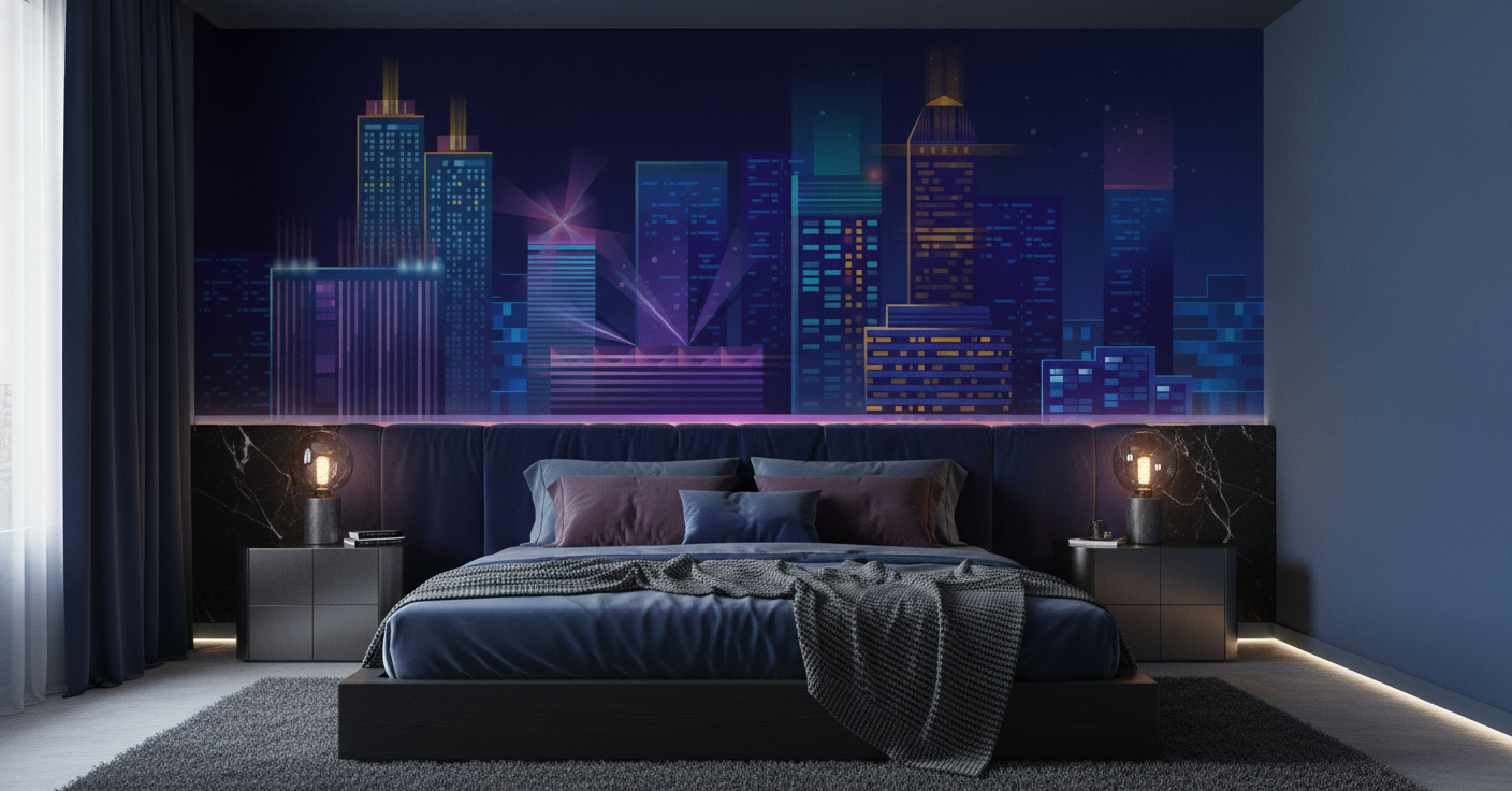 Papier peint métropole nocturne cyberpunk avec reflets néon - Chambre adulte