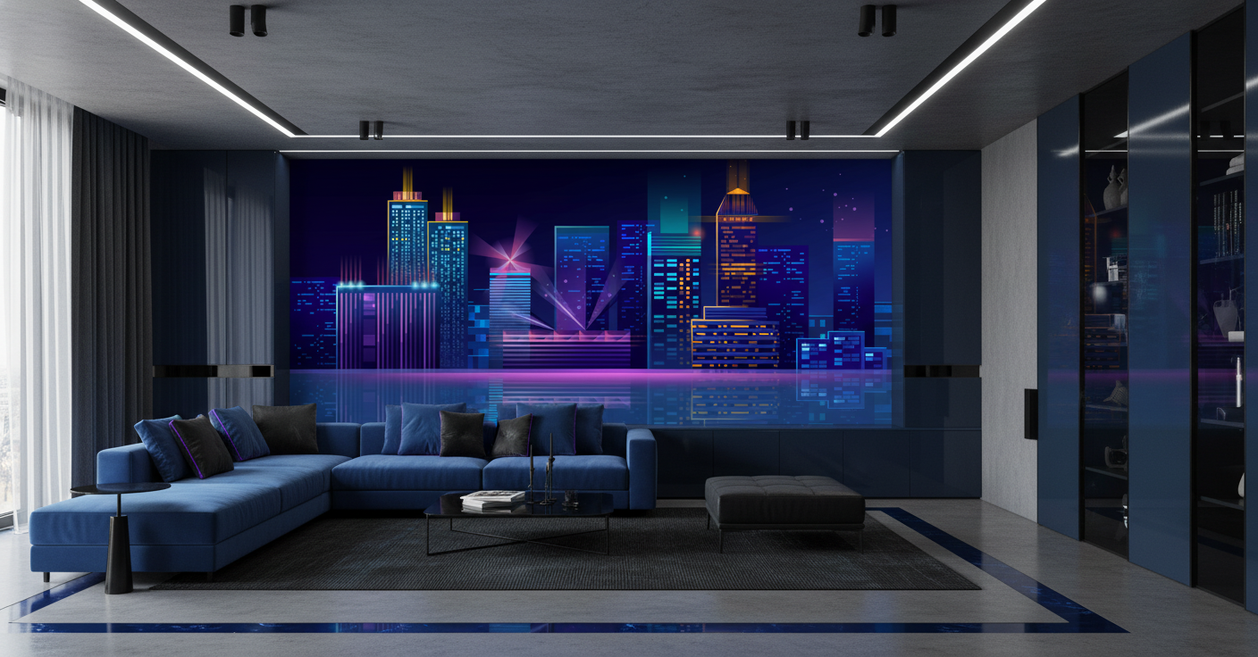 Papier peint métropole nocturne cyberpunk avec reflets néon - Salon / Séjour