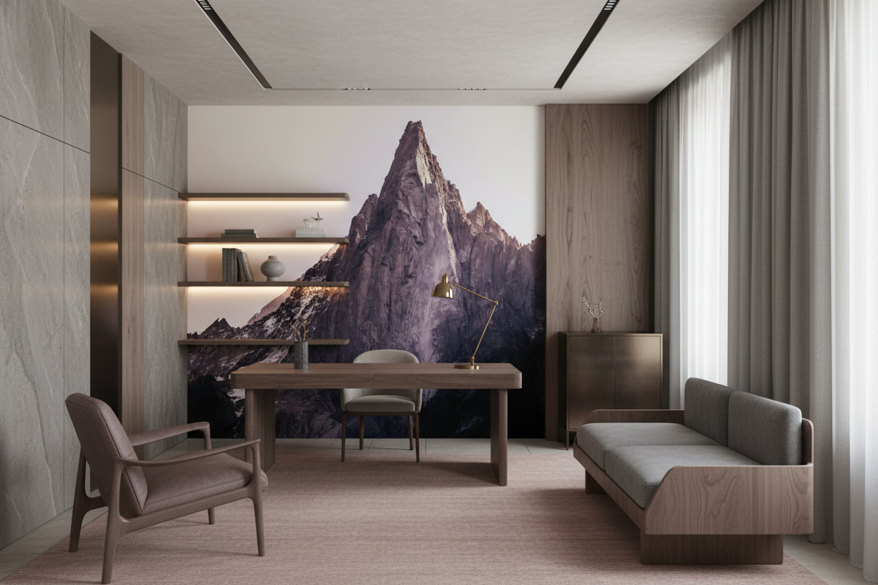 Papier Peint Montagne Majestueuse aux Tons Rosés et Violets - Bureau
