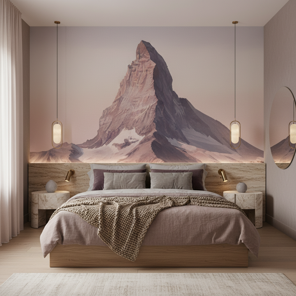 Papier Peint Montagne Majestueuse aux Tons Rosés et Violets - Chambre adulte