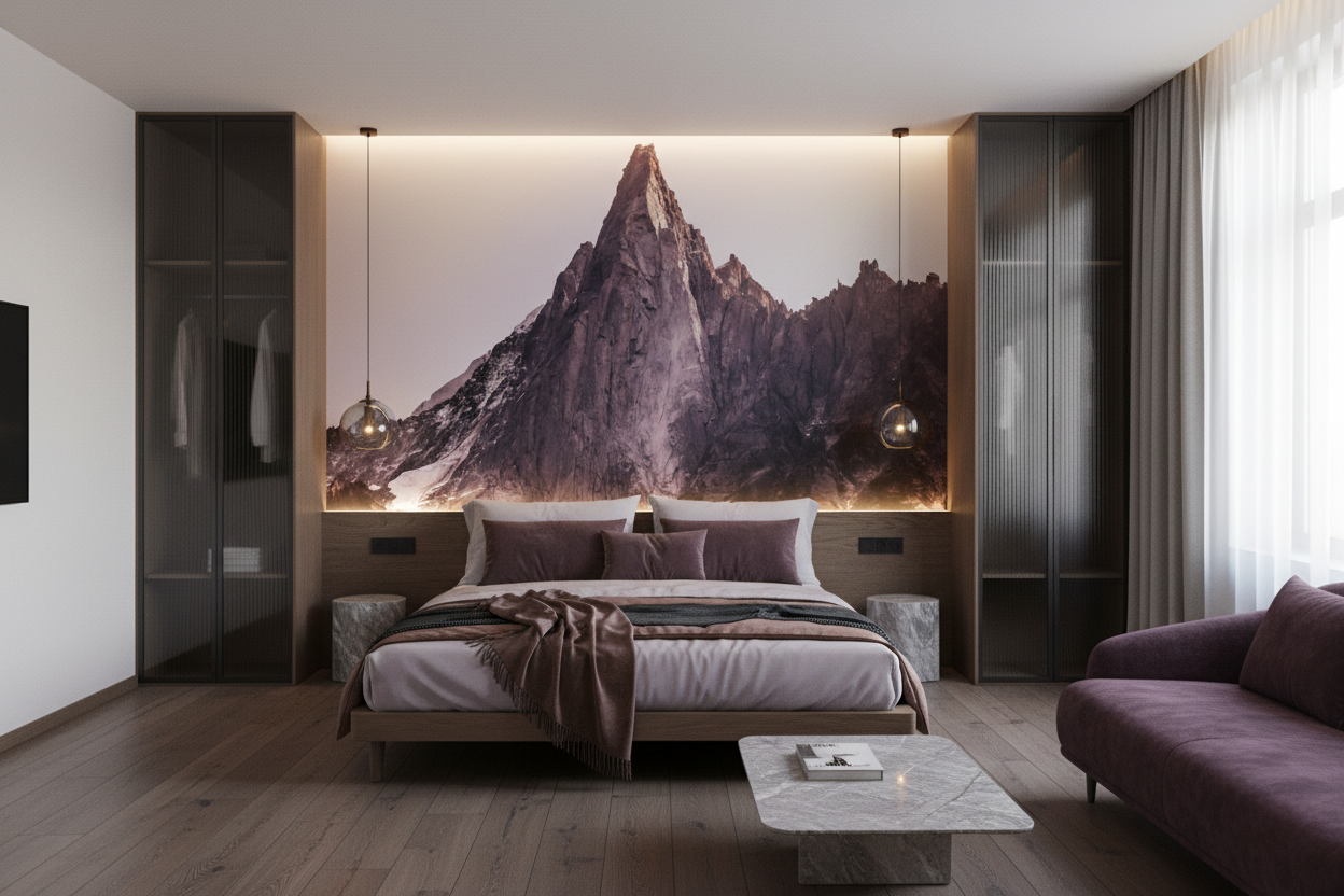 Papier Peint Montagne Majestueuse aux Tons Rosés et Violets — Hôtel