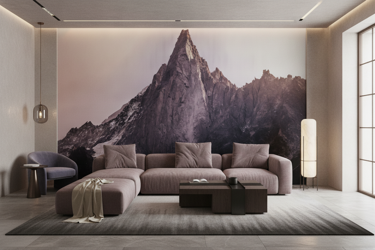 Papier Peint Montagne Majestueuse aux Tons Rosés et Violets - Salon / Séjour