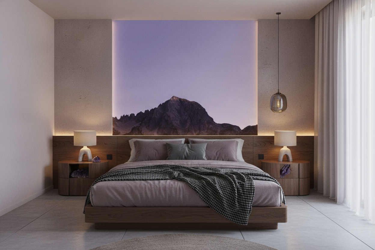 Papier Peint Montagne Majestueuse Crépuscule Violet Panoramique - Chambre adulte