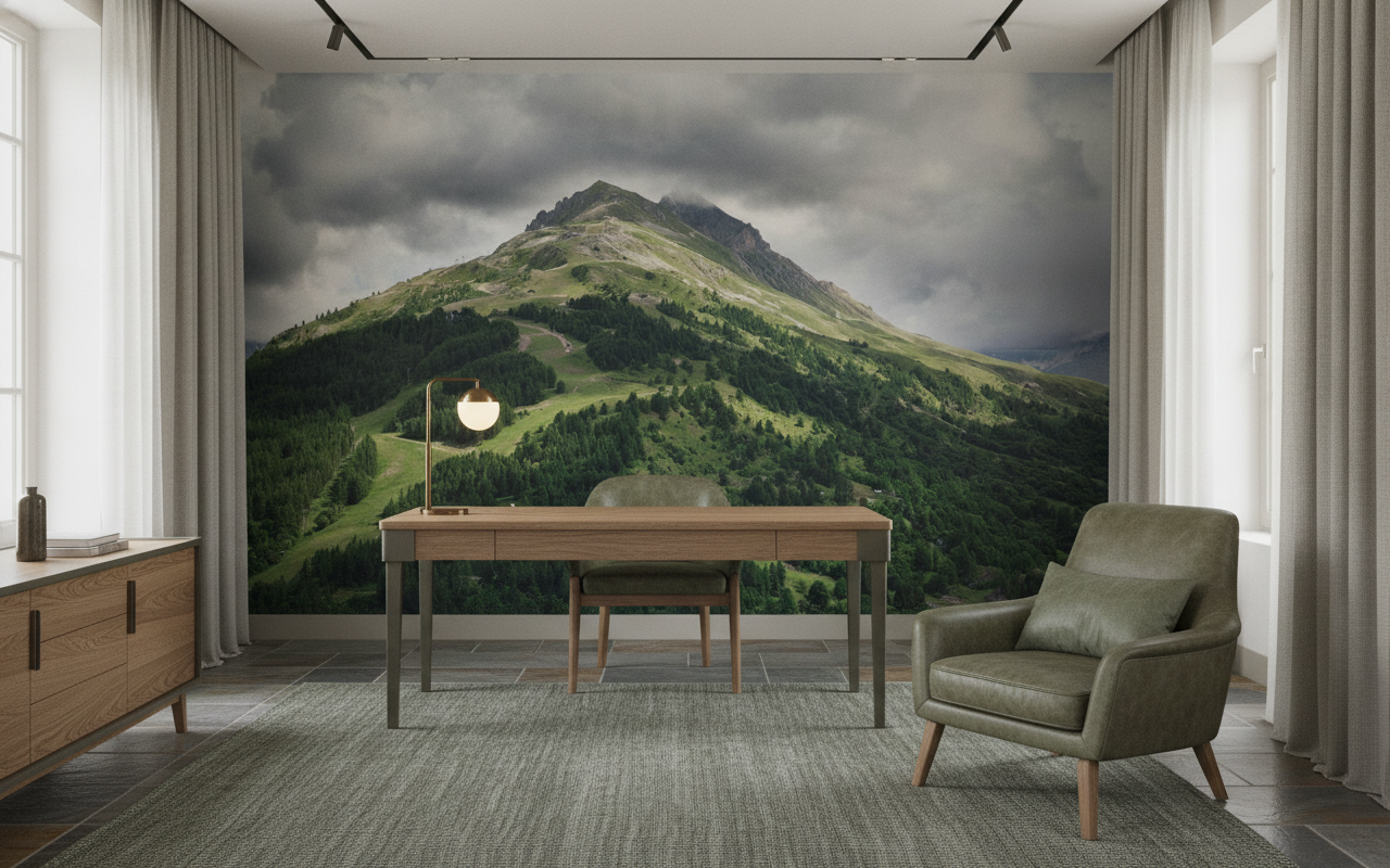 Papier Peint Montagne Verdoyante Sous Ciel Nuageux Dramatique - Bureau