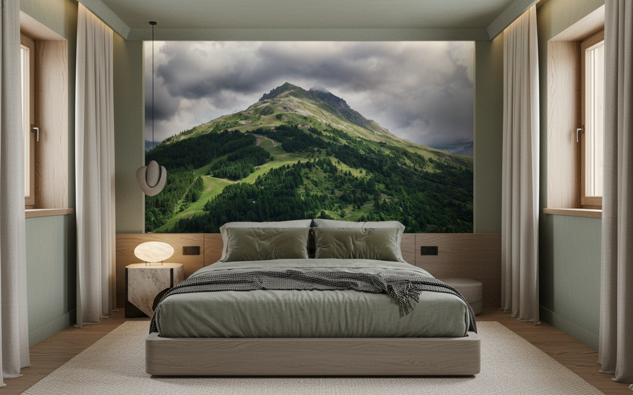 Papier Peint Montagne Verdoyante Sous Ciel Nuageux Dramatique - Chambre adulte