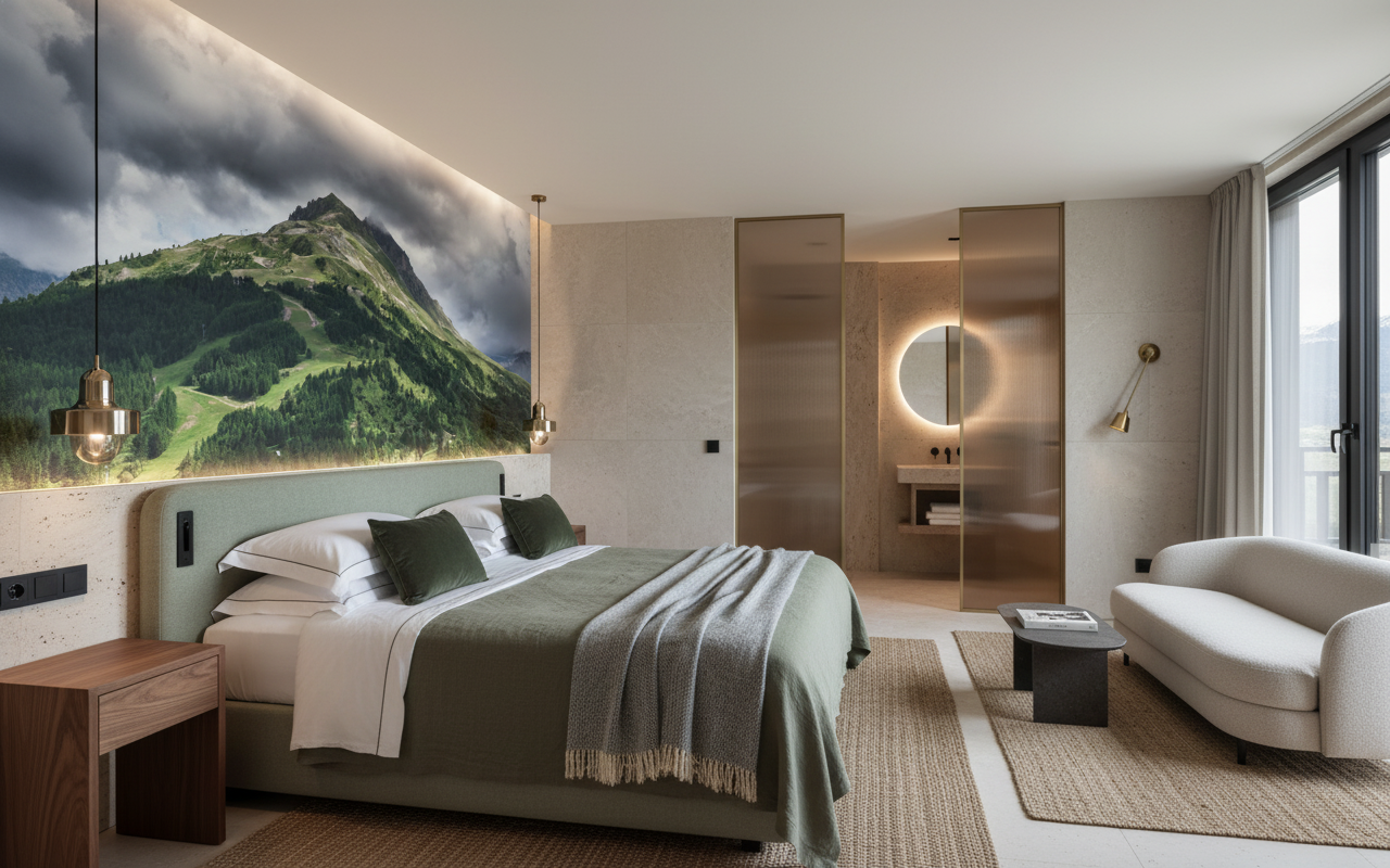 Papier Peint Montagne Verdoyante Sous Ciel Nuageux Dramatique — Hôtel