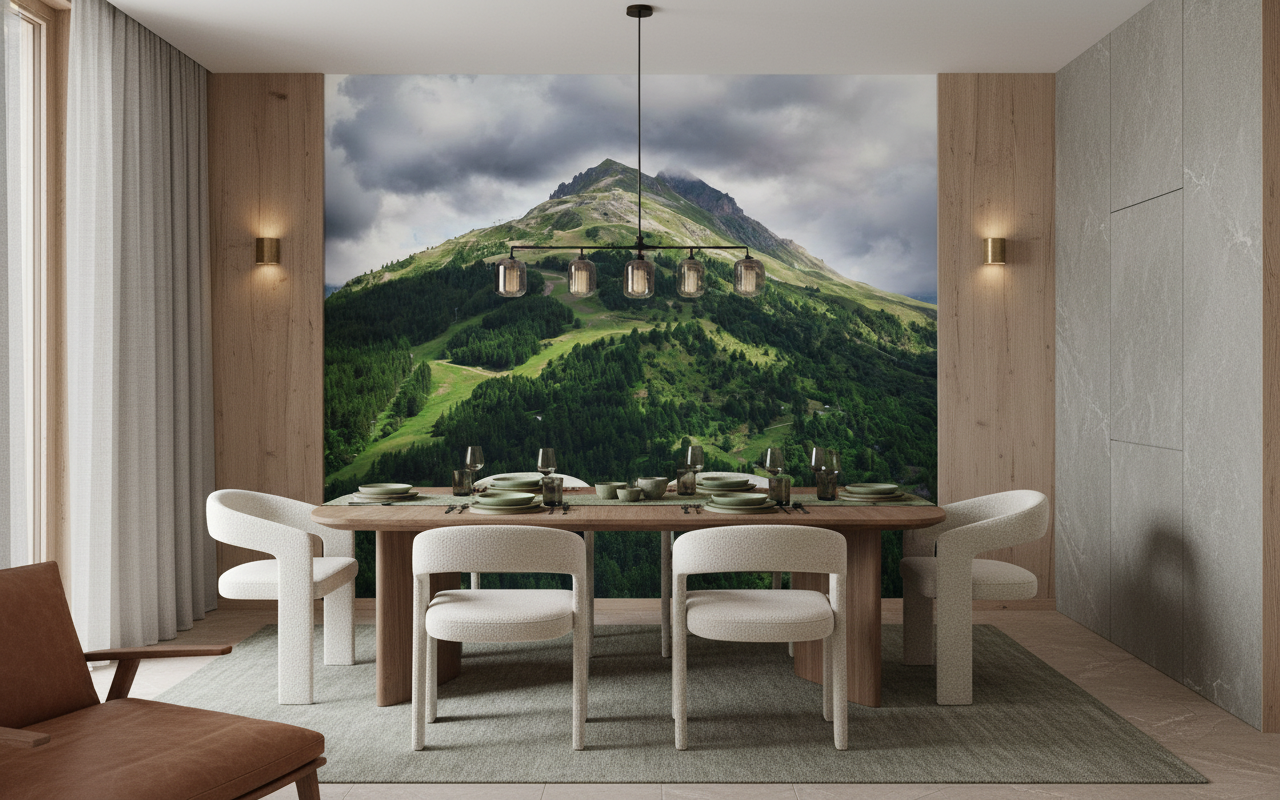 Papier Peint Montagne Verdoyante Sous Ciel Nuageux Dramatique - Salle à manger