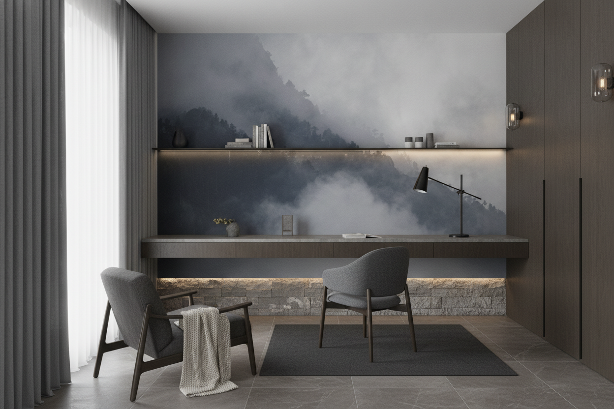 Papier Peint Montagnes Brumeuses dans les Nuages Atmosphère Mystérieuse - Bureau
