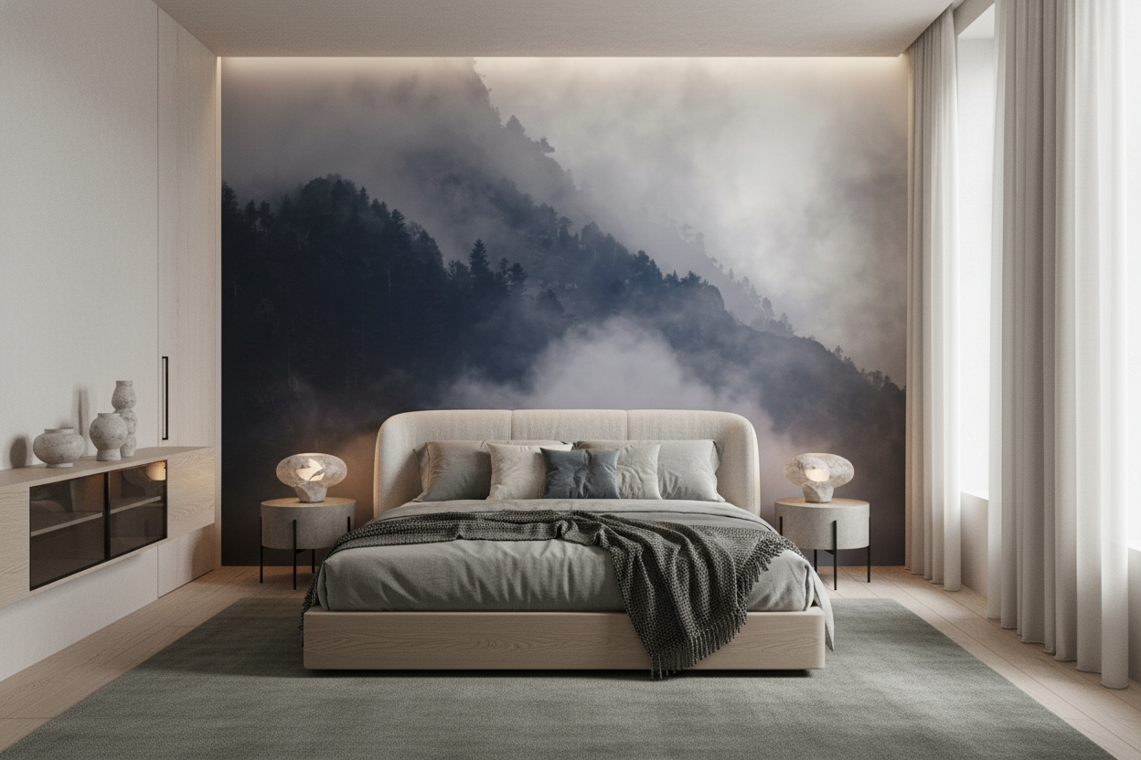 Papier Peint Montagnes Brumeuses dans les Nuages Atmosphère Mystérieuse - Chambre adulte