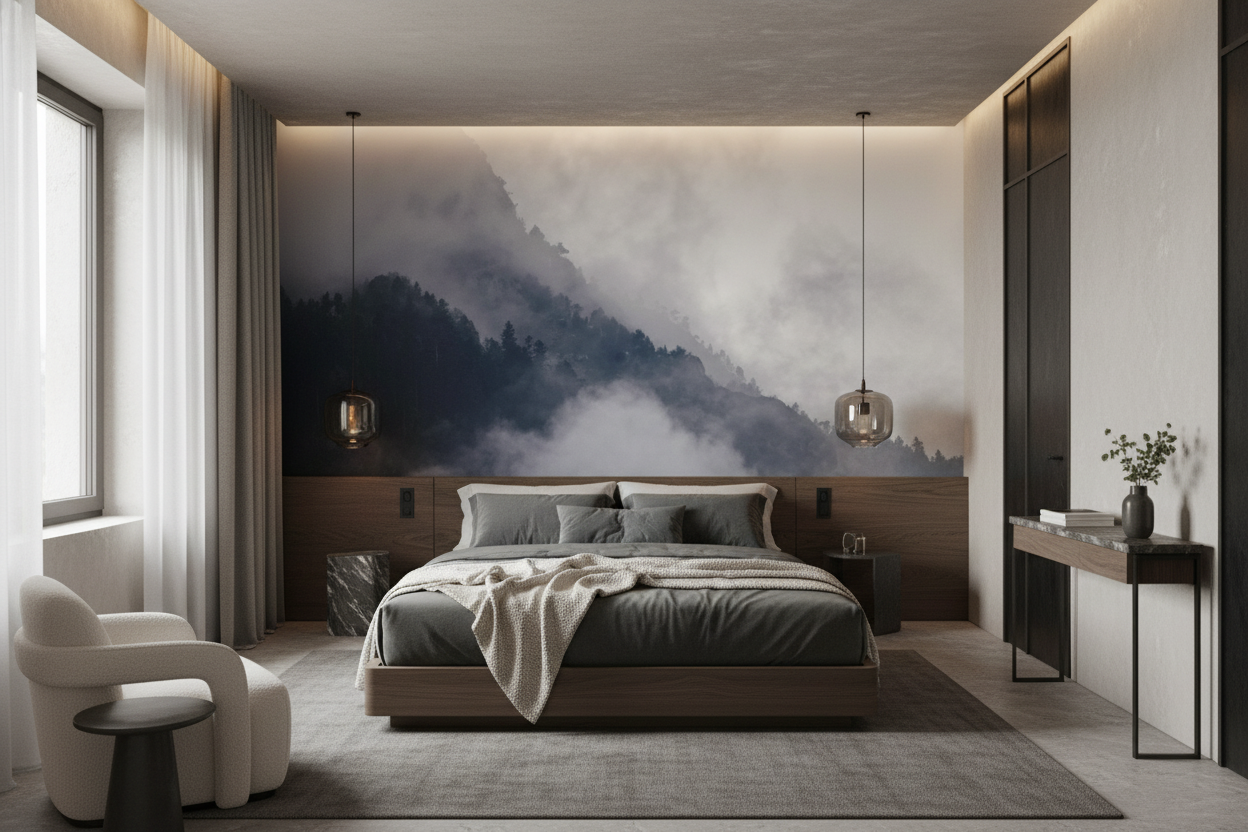 Papier Peint Montagnes Brumeuses dans les Nuages Atmosphère Mystérieuse — Hôtel