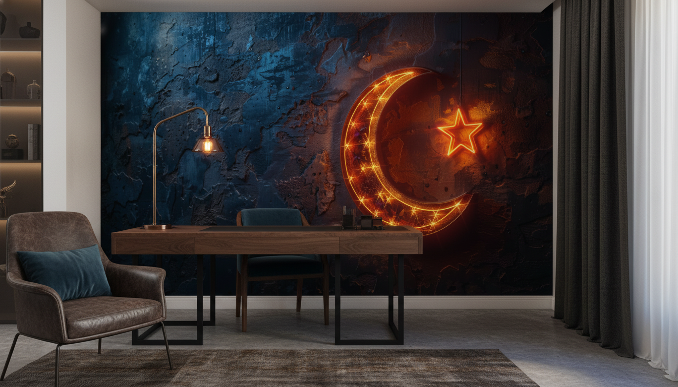 Papier Peint Mystique Lune et Étoile Dorées sur Texture Grunge - Bureau