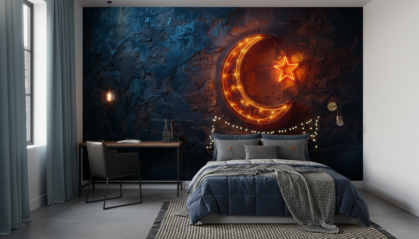 Papier Peint Mystique Lune et Étoile Dorées sur Texture Grunge - Chambre ado