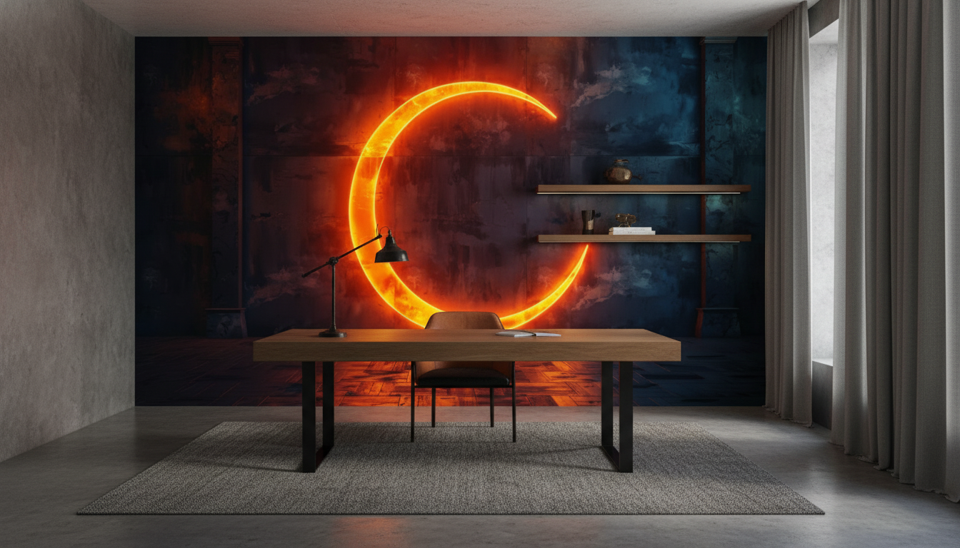 Papier Peint Néon Circulaire Orange Fond Industriel Grunge Bleu — Bureau